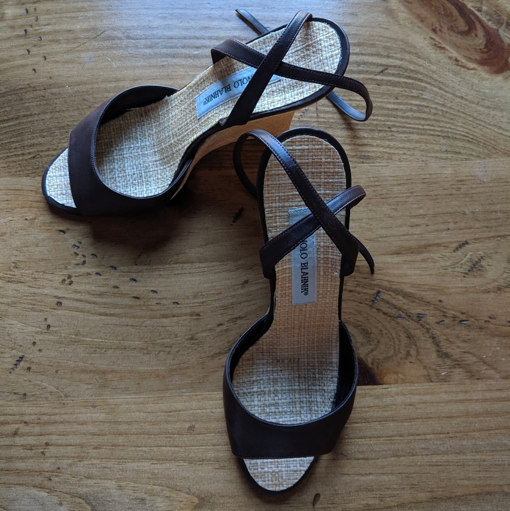 Brown Manolo Blahnik Raffia Wedges - Size 7.5